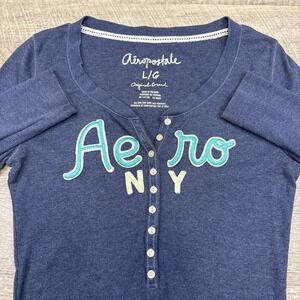Aeropostale long sleeve Henley shirt women's blue spell out ribbed thermal y2k